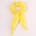 Detail of a bright yellow chiffon scrunchie with long ribbons and a bow tie design - Lighted Rabbit Ears-Yellow