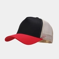 Detail of a mesh trucker hat with black front, red brim, and beige snapback mesh panels - Adjustable / Black + Red Brim