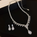 Macro detail of teardrop zircon necklace and earrings set on black background - 23# Double-row Drill Water Drop - Silver (2-Piece Set)