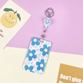 Floral pattern card holder with matching blue flower retractable badge reel and keychain - Medium Blue Flower Badge Reel / Green Pink
