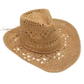 Detail of western straw cowboy hat featuring hollow geometric patterns and rope trim - Khaki