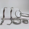 Silver stainless steel jewelry set featuring blade chain necklace, earrings and woven ring - 315 Steel Jewelry Set (Necklace Bracelet Earrings Ring)