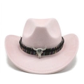 Detail of pink suede cowboy hat featuring a tribal woven band and silver bull head emblem - M (56-59cm) / Pink Suede