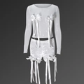 White two-piece set with long sleeve sheer top, velvet shorts and large satin bows - S / White Set (51626)