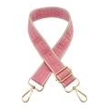 Pink jacquard bag strap with white Greek key pattern and gold adjustable hardware buckle - Silver Clasp / Peach Pink Beige Edge