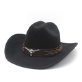 Chapeau de cowboy en feutre noir avec tête de taureau argentée et coutures fléchées - M (56-58cm) / Noir