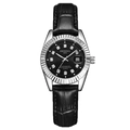 Women's quartz watch with black leather strap, silver fluted bezel, and diamond dial - Black Strap Silver Case Black Dial Women's