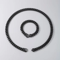 Men's black stainless steel Cuban chain jewelry set featuring a lion head clasp detail - Round Polished Chain (Bracelet) / 12mm x 21.5cm / Black