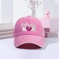 Detailed embroidery of Volleyball MOM text and heart pattern on pink washed cotton cap - One Size / Pink
