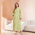 Women's light green plush bathrobe in oversized long fit with white contrast piping - Yellow Green - Women