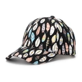 Close-up of bohemian colorful feather prints on a black cotton baseball cap detail - One Size / Black