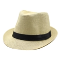 Detail of beige straw fedora hat with black satin band and intricate weave pattern - M (56-58cm) / Beige