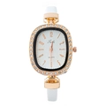 Elegant women's quartz watch with rose gold rhinestone oval case and white leather strap - White