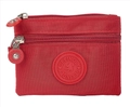 Red nylon coin purse with double zipper design and round logo detail in front view - Red