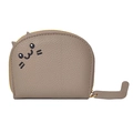 Taupe lychee leather cat coin purse with cute embroidery and a tail zipper pull - Khaki