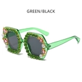Occhiali da sole barocchi squadrati con montatura verde, strass e dettagli floreali - Verde/Nero
