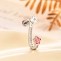 Single J-shaped silver stud earring with pink opal star and clear cubic zirconia - Single Piece / Rose Red (A401-6#)