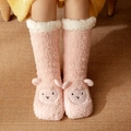 Pink plush coral fleece house socks featuring a cute 3D sheep design and fluffy white cuffs - One Size / Pink Sheep