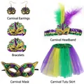 Mardi Gras sequin accessory set with purple green and gold mask headband and tutu - Mardi Gras Set (Earrings, Bracelets, Mask, Feather Headband, Tutu Skirt)