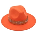 Close-up of orange wool fedora featuring a brown leather band with silver metal rivets - M (56-58cm) / Orange
