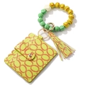 Silicone bead keychain bracelet with yellow baseball card holder and leather tassel - #16 Wooden Beads