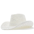 Detailed view of hollow hand-woven white straw cowboy hat with breathable crochet patterns - M (56-58cm) / Pure White