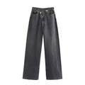Jeans a vita alta a gamba larga grigio scuro con chiusura a bottone incrociato distintiva - S / Grafite