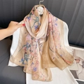 Elegant chiffon long scarf with floral print in beige and pink on a textured top - Beige Coffee Floral