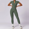Short sleeve yoga catsuit in dark green with a front zipper and slim fit silhouette - Turquoise Green