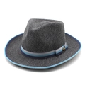 Cappello fedora classico in lana grigio scuro con nastro a righe e bordo blu rifinito - M (56-58cm) / grigio scuro
