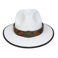 White western cowboy hat with brown leather band and vintage bull head metal buckle accessory - M (56-58cm) / White (89 Series Long Ox Head Buckle Decor)