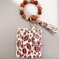 Brown rugby pattern white PU leather card holder with matching silicone bead keychain - American Football (04)