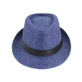 Classic blue linen Fedora hat with black ribbon band for men and women summer style - Adult Size (Approx 58cm) / Monofilament Straw-Navy Blue
