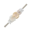 Elastic baby headband featuring beige fabric flowers with sparkling rhinestones and pearls - Cream White With Rhinestones