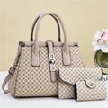 Detailed set of geometric pattern faux leather tote bag, clutch and small wallet in beige - Three-Piece Set / Khaki