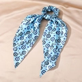 Blue evil eye silk hair scrunchie with long ribbon on elegant draped background - 3# Light Blue Mixed Eyes