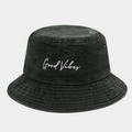 Detail of Good Vibes embroidery and brass eyelets on black washed denim bucket hat - M (56-58cm) / Army Green