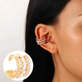 Elegant gold ear cuff with three rows of zircon stones and white pearls for non-pierced ears - Triple Row Pearl & Square Zirconia Style (N-988)