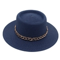 Detailed close-up of navy blue boater hat with stylish gold metal chain decoration - One Size / Navy Blue (with Acrylic Chain Decor)
