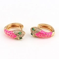 Pink enamel snake earrings in gold-plated copper with green and white zircon accents - Rose Red