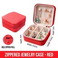 Square red cross-grain PU leather jewelry storage box with zipper for earrings and rings - Red (PU Leather) / Red