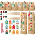 Christmas advent calendar kraft paper gift bag set with tags, clips and cotton twine - Style 623+589 (Red & White Rope + Clips + Stickers 24 Sets)