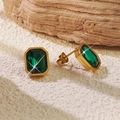 Elegant emerald green rectangular stud earrings with gold plating and four-prong setting - Green Square Stud Earrings (BD515-green)