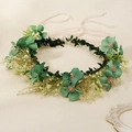Forest style green floral wreath headband with pink ribbons for vacation and photo shoots - Green Series Style (HS-J7315GREEN)