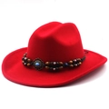 Detail of red wool felt fedora with a beaded woven leather band and turquoise stone - M (56-58cm) / Red