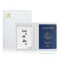 White PU leather passport holder featuring gold airplane emblem and clear internal card slot - White
