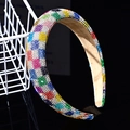 Sparkling wide headband featuring colorful rhinestones in a vibrant mosaic pattern - 3cm Checker Rhinestone Padded Headband [Deep Colorful]