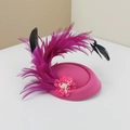 Retro rose pink fascinator hat with elegant feathers, mesh flower and faux pearls - Rose Red