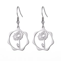 Silver stainless steel sunflower drop earrings with hollow flower design in wave circle - Steel Color Daisy