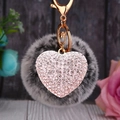 Chic grey leopard faux fur heart keychain with sparkling rhinestones and gold clasp - Heart White + Frosted Grey Pom Pom